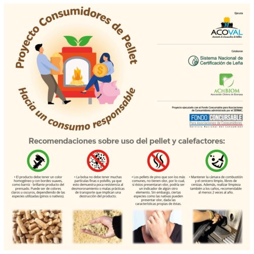 Usa las siguientes recomendaciones a la hora de comprar pellet El producto debe tener un color homogéneo y con bordes suaves, como barniz producto del prensado, con una superficie de tono brillante, no opaco. Un color distinto, puede generar la producción de cenizas problemáticas La bolsa no debe tener muchas partículas finas o polvillo. El pellet no debe tener un olor muy notorio, ya que un olor fuerte podría indicar presencia de sustancias no permitidas. Mantener la cámara de combustión y el cenicero limpio, libres de cenizas. Un mensaje de la Asociación de Consumidores ACOVAL de Los Ríos. Proyecto ejecutado con el Fondo Concursable para Asociaciones de Consumidores administrado por el SERNAC